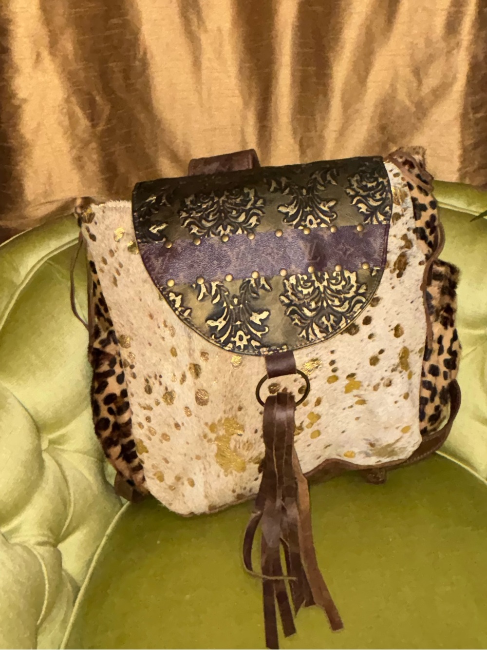 Metallic Cowhide / Leopard Fringe Bucket Handbag/ Backpack 18”X20” - Picture 2 of 14